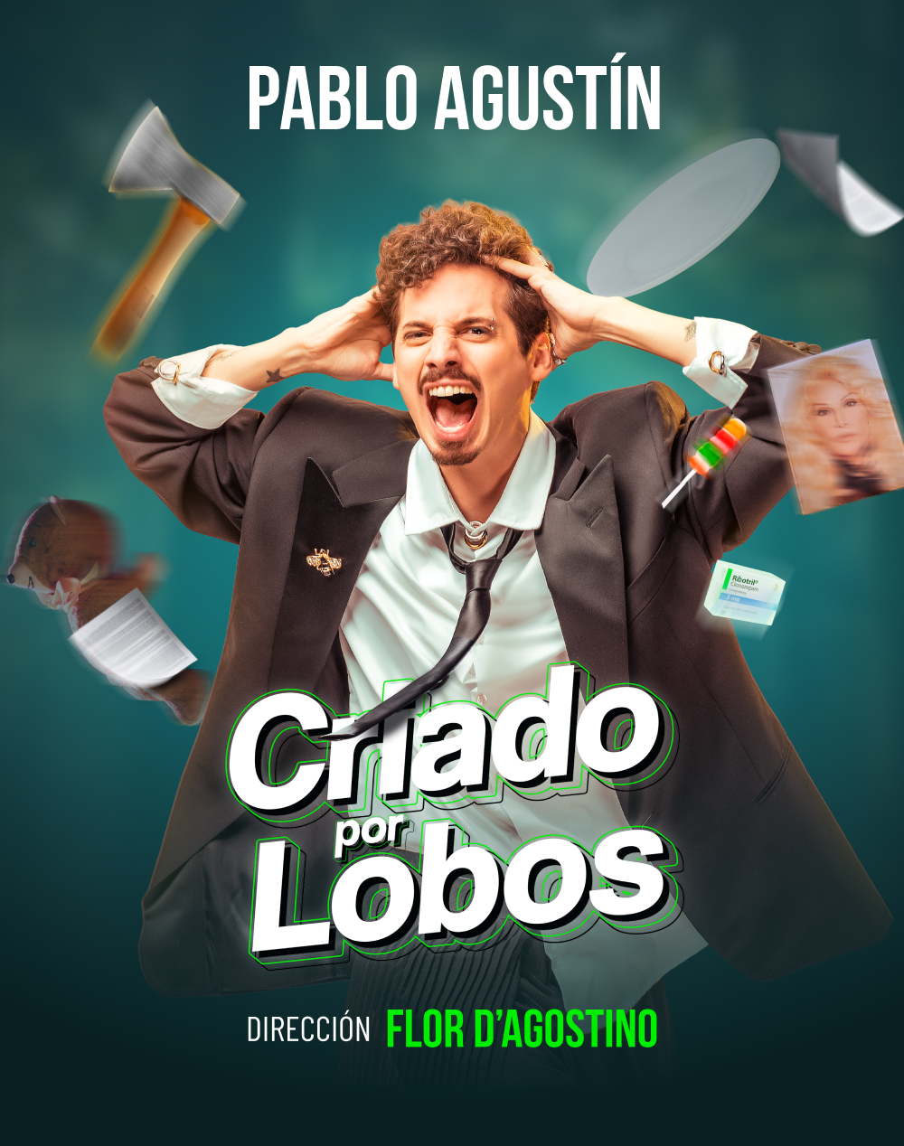 Pablo Agustín gritando con las manos en la cabeza, rodeado de objetos que vuelan, en la key art de Criado por Lobos.